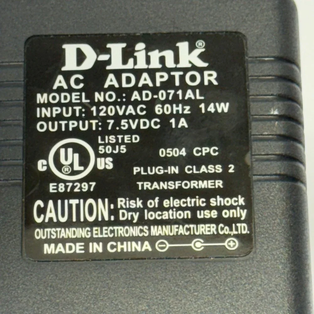 D-Link AC Power Supply Adapter 7.5V 1A AD-071AL Black Solid